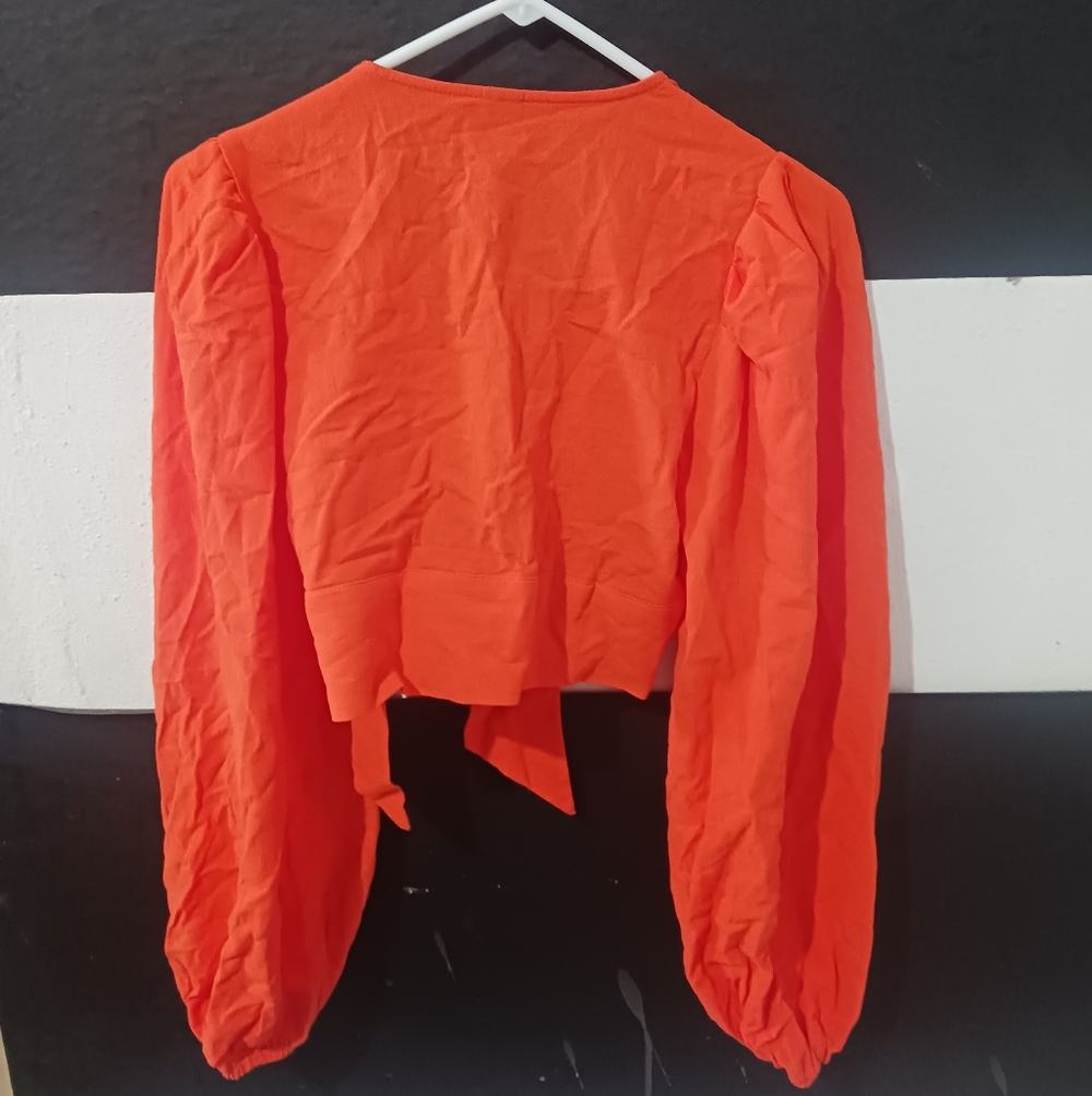 SHEIN Women Orange Puff Shoulders Tie Crop Top - Picture 6 of 7